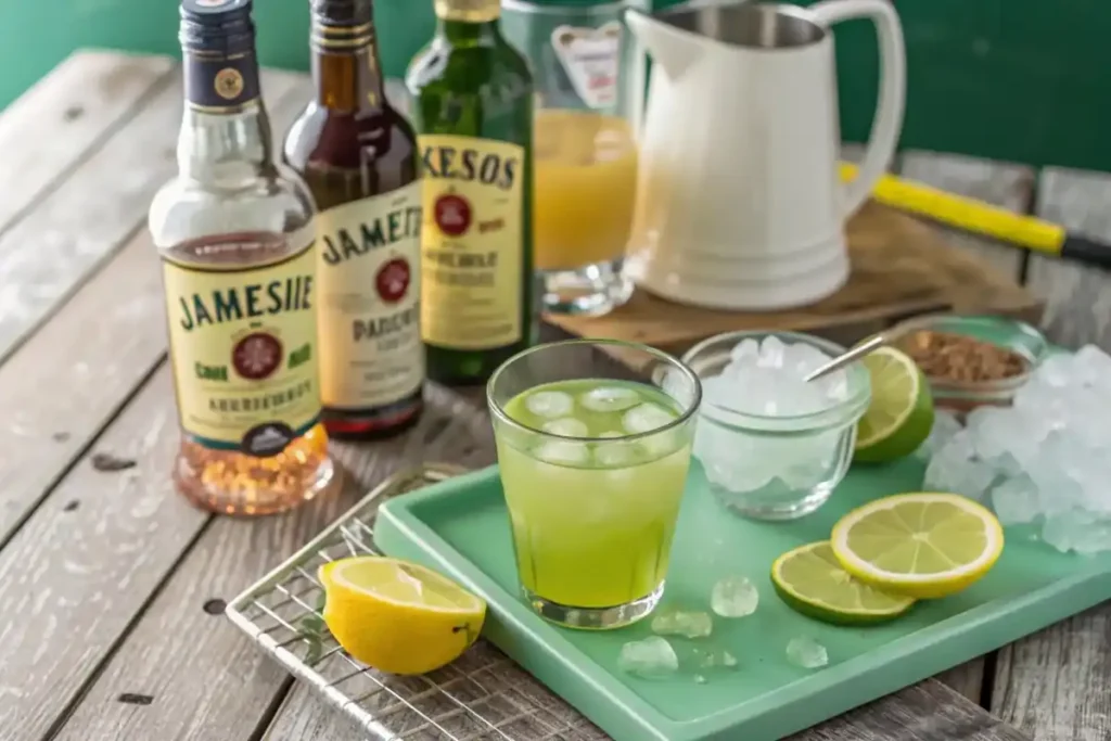 Green tea shot with Jameson whiskey, peach schnapps, sour mix, and lemon-lime soda on a rustic table.