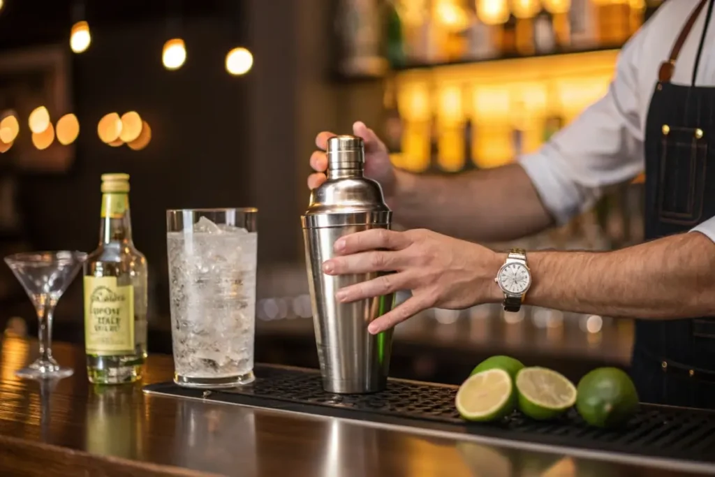 Bartender shaking a cocktail shaker to prepare a green tea shot at a bar counter.