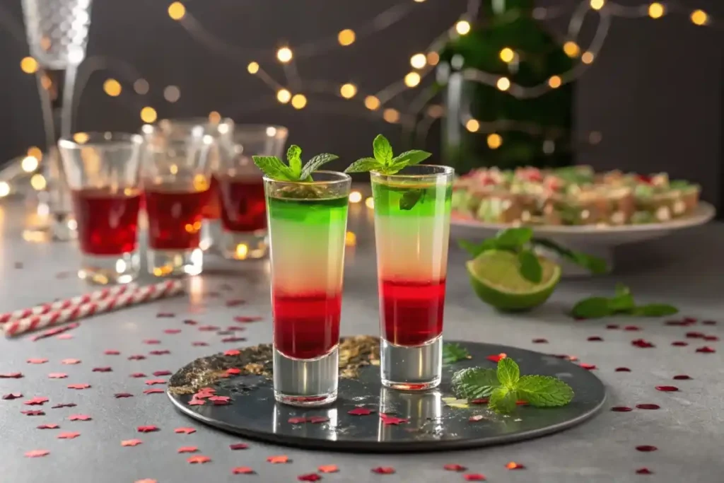 Classic and creative variations of green tea shots displayed on a festive party table.