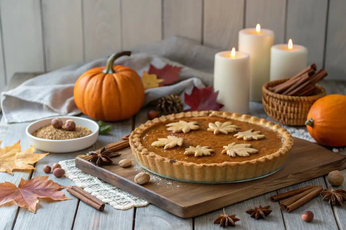 A holiday pumpkin pie surrounded by fall decor on a rustic table.