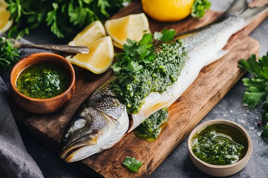 Fresh whole branzino marinated with chermoula sauce on a wooden board.