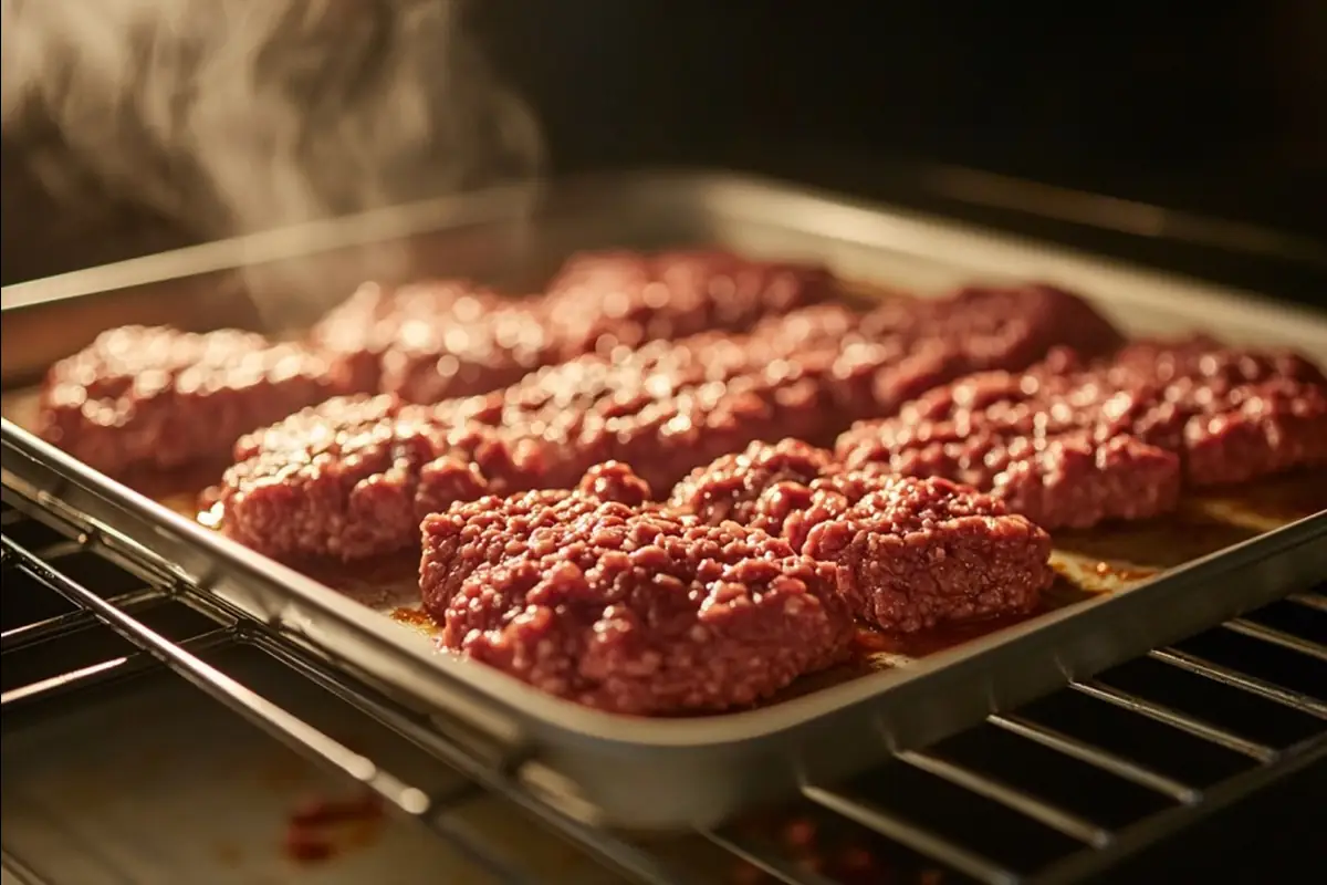 Perfectly browned ground beef on a baking tray inside an oven.