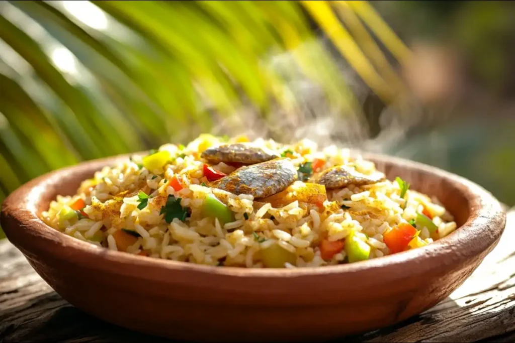 Caribbean smoked herring pilaf with rice, peppers, and fresh herbs.