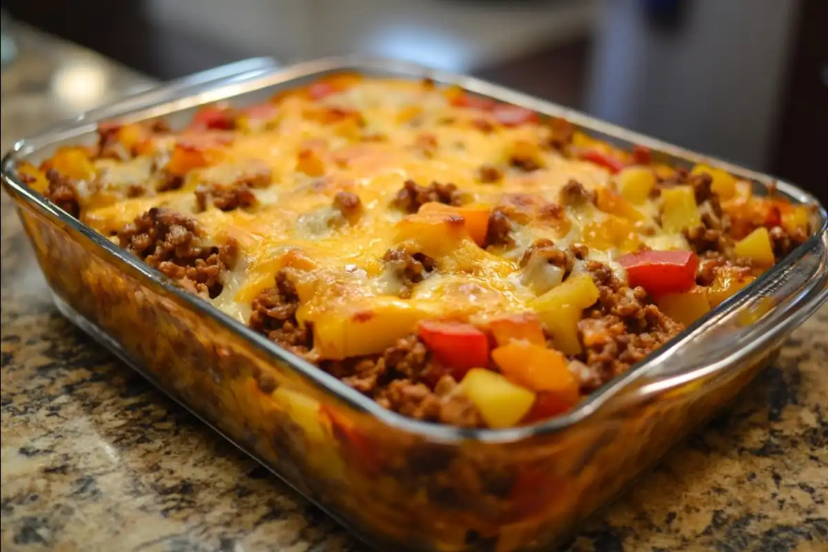 Casserole dish with oven-browned ground beef, cheese, and vegetables.