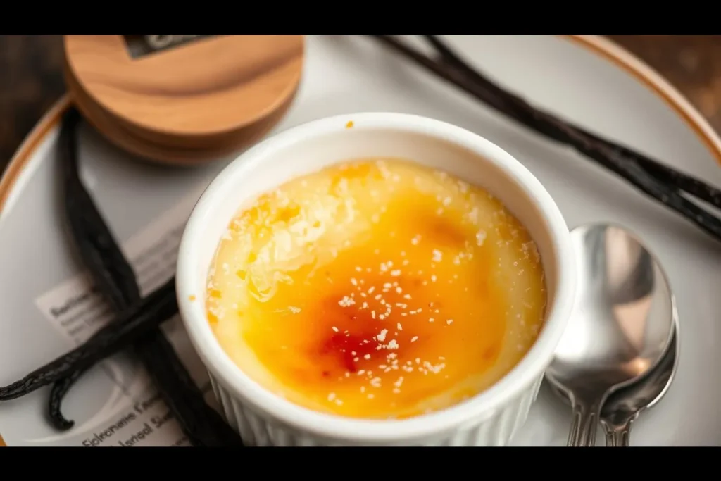 A ramekin of freshly made crème brûlée with a perfectly caramelized golden sugar crust, surrounded by vanilla pods and a spoon.