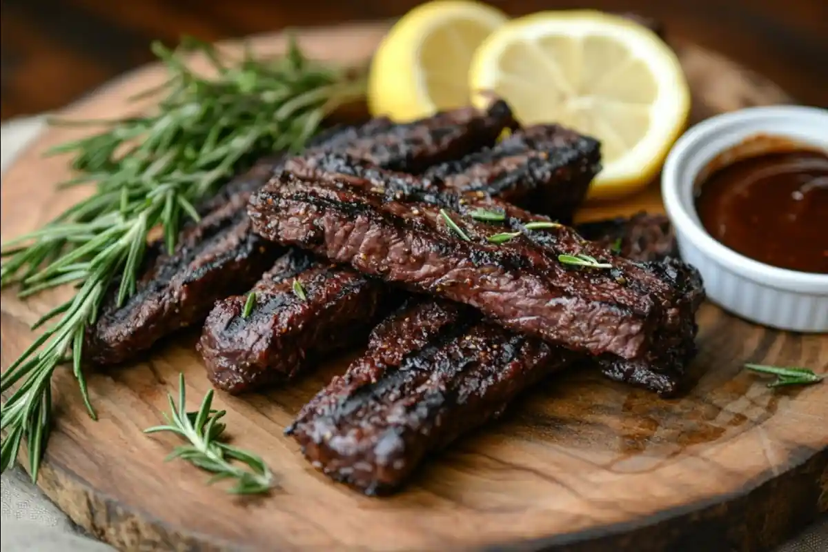 Grilled beef fingers on a wooden platter with rosemary and lemon.