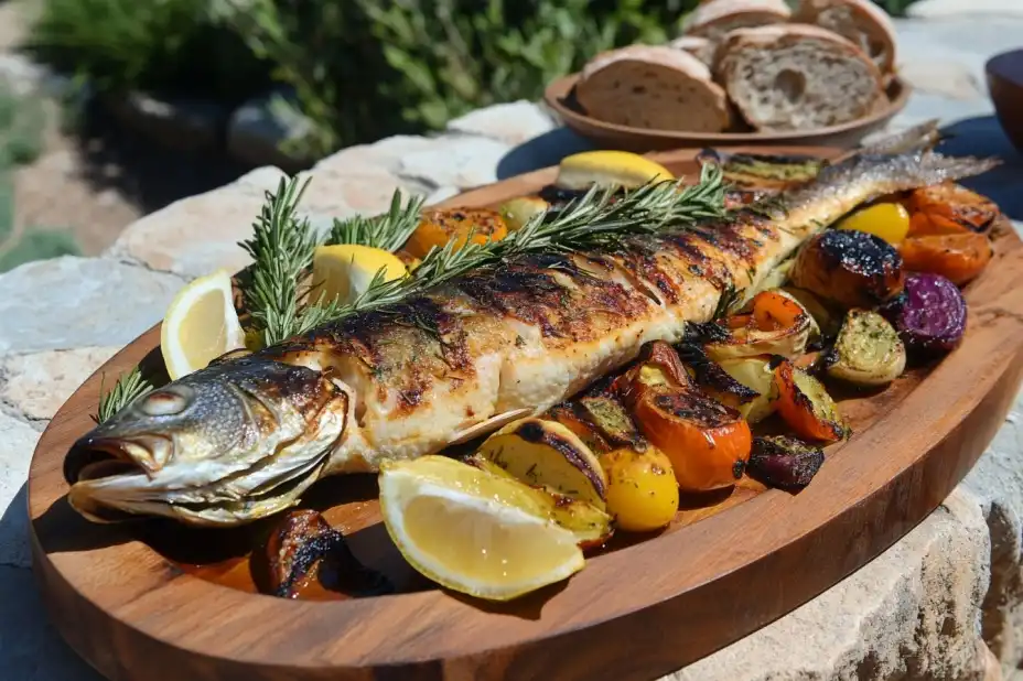 Grilled branzino with lemon and herbs on a rustic Mediterranean table.