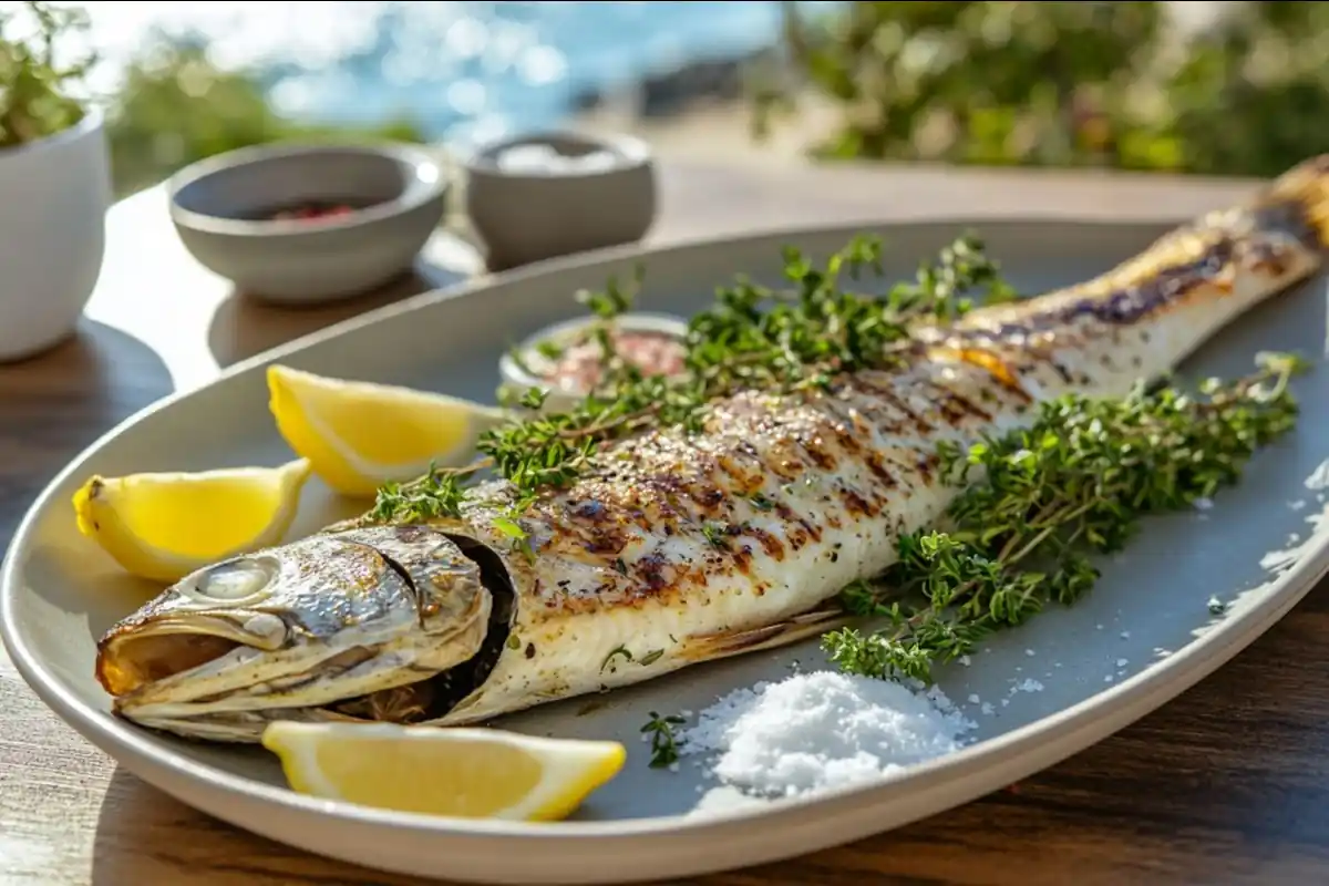 Grilled branzino fish with lemon and herbs served on a rustic wooden table.