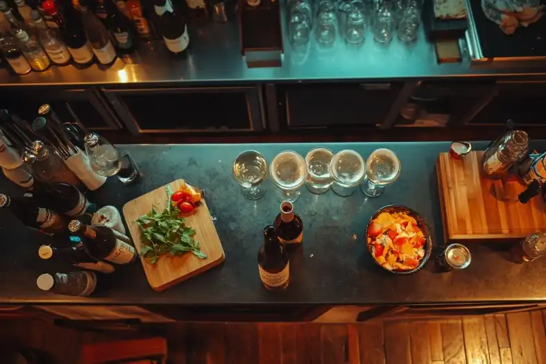 Top-down view of a bar countertop with fresh ingredients, empty glasses, and mixing tools, and skinny maergarita