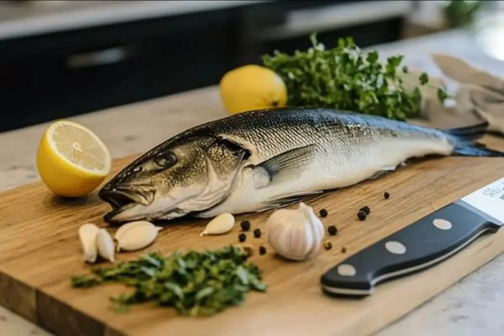 Fresh whole branzino fish on a cutting board with herbs and lemon in a sustainable kitchen setting.