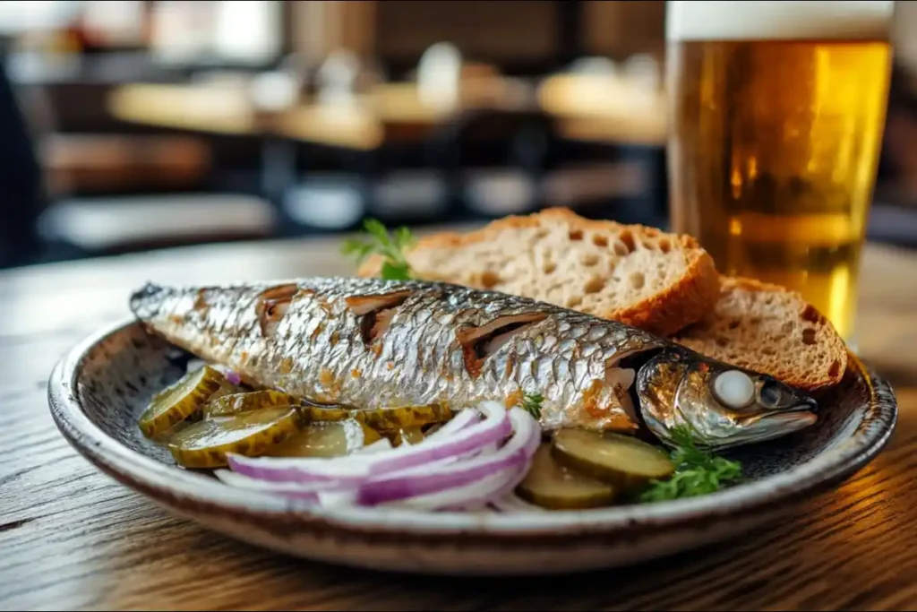 Dutch smoked herring served with onions, pickles, and rye bread.