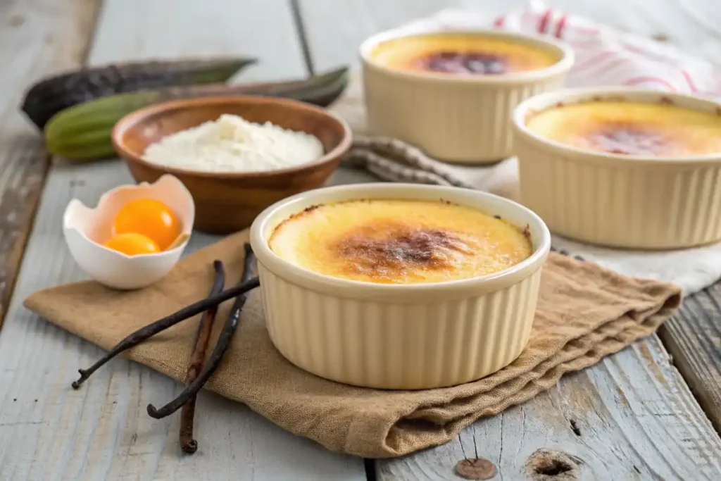 Smooth crème brûlée custard in ramekins with vanilla and egg yolks.