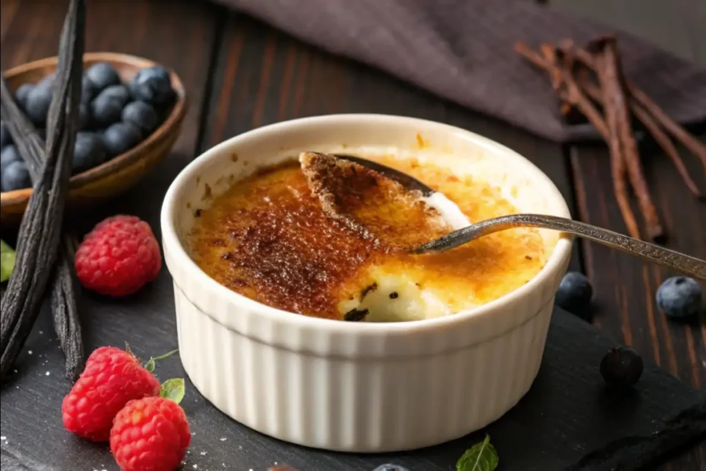 Crème brûlée with a cracked caramelized crust, spoon revealing creamy custard.