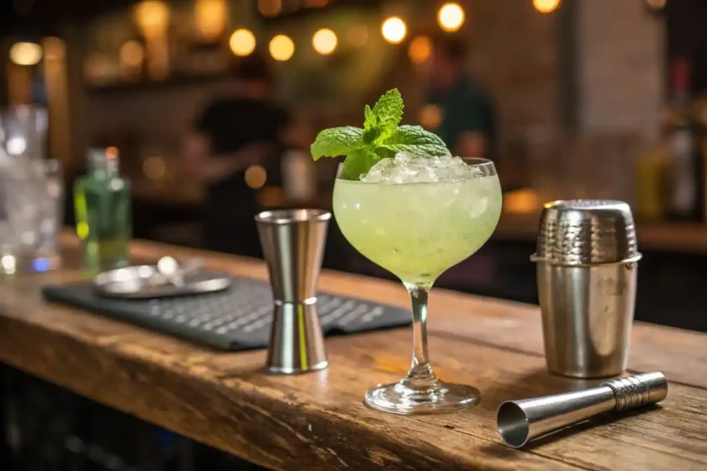 Green Tea Shot cocktail with mint garnish on a rustic bar counter.