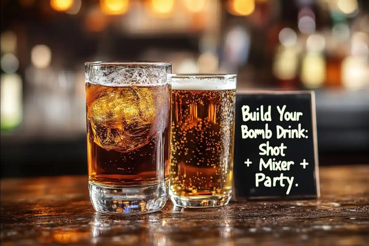 Shot glass with whiskey and pint glass with energy drink showcasing the anatomy of a bomb drink.