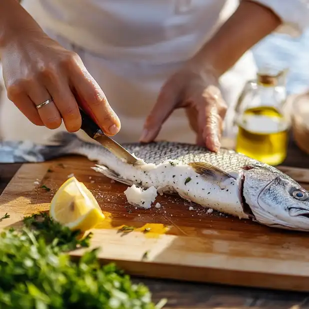 Chef preparing branzino for cooking on a wooden cutting board.