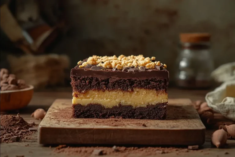 brookie recipe, Freshly baked brookies showing brownie and cookie layers on a wooden board.