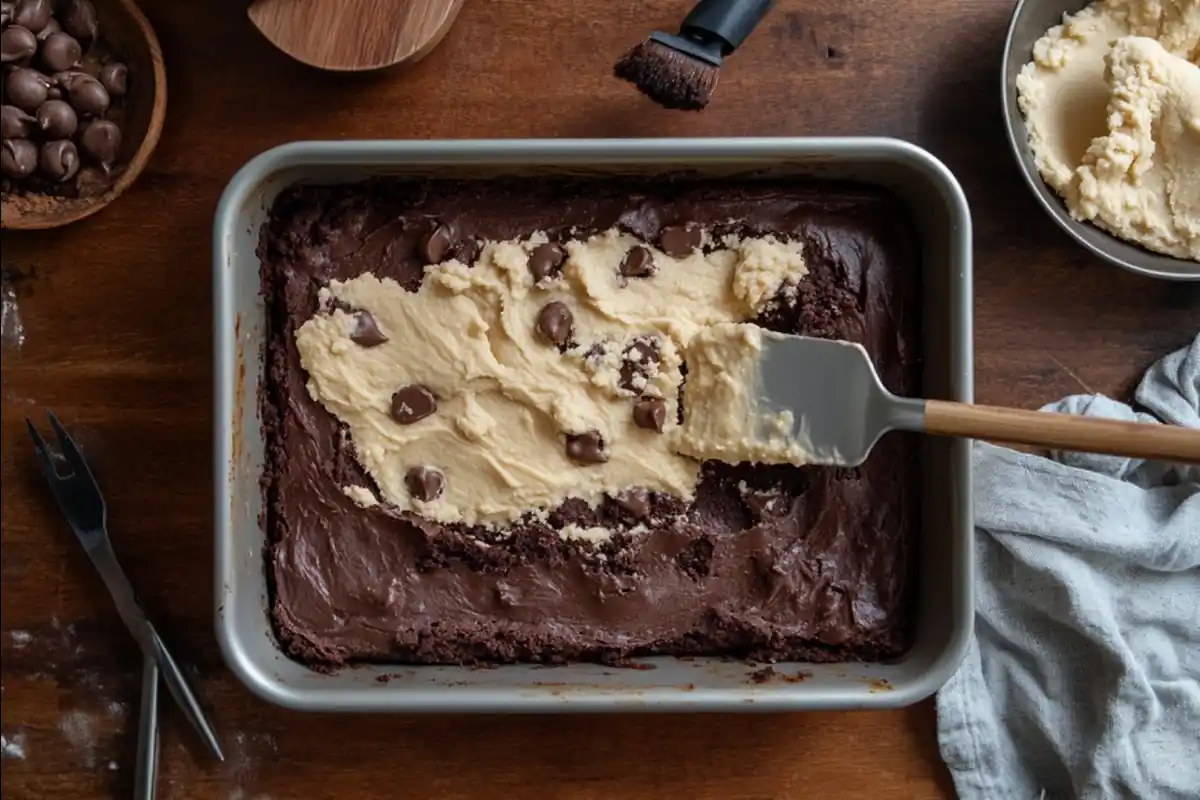 brookie recipe, Layering brownie batter and cookie dough in a baking pan.