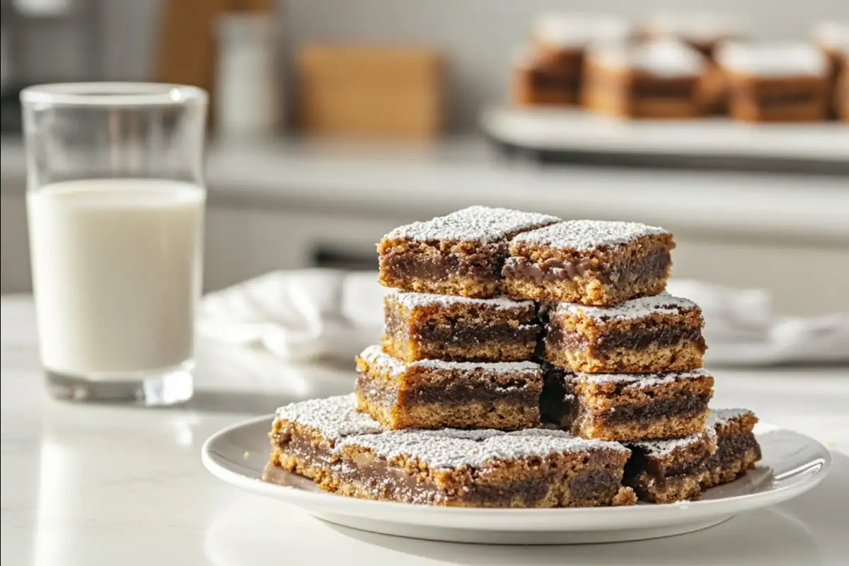 Plated brookies garnished with powdered sugar, served with milk.