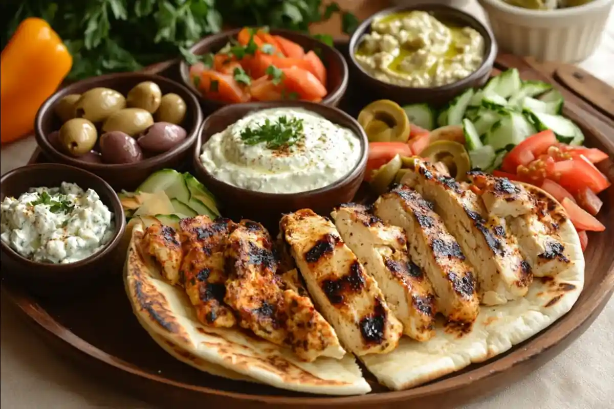 A Mediterranean platter with open-faced chicken pita, tzatziki, hummus, and Greek salad.