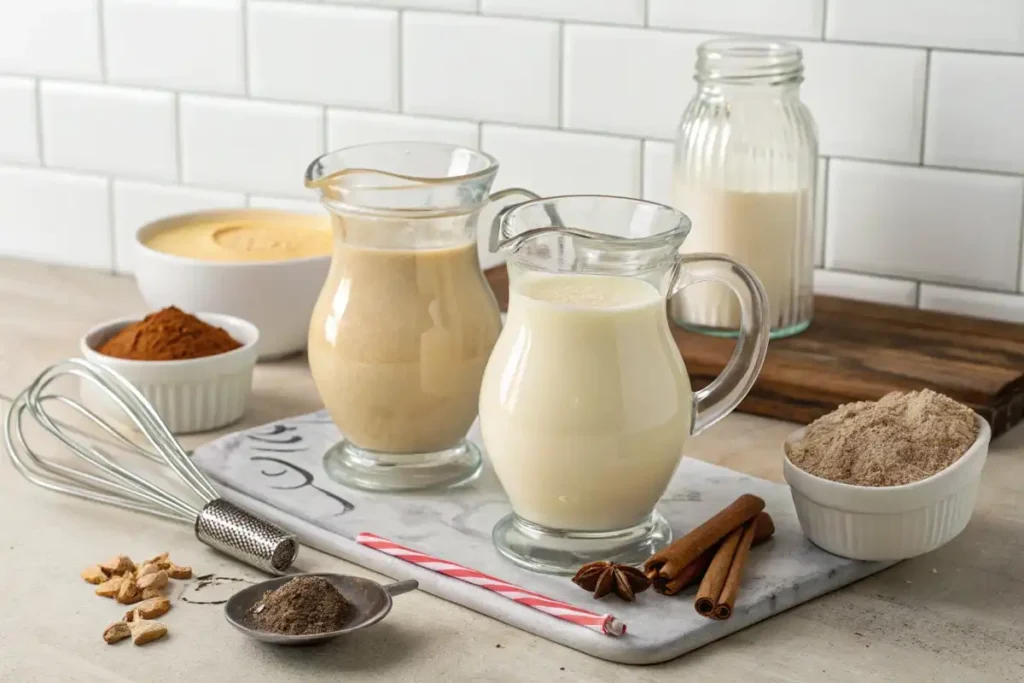 Sweetened condensed milk and evaporated milk side by side on a countertop.