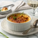 Close-up of a luxurious crab brulee with a caramelized crust garnished with chives.