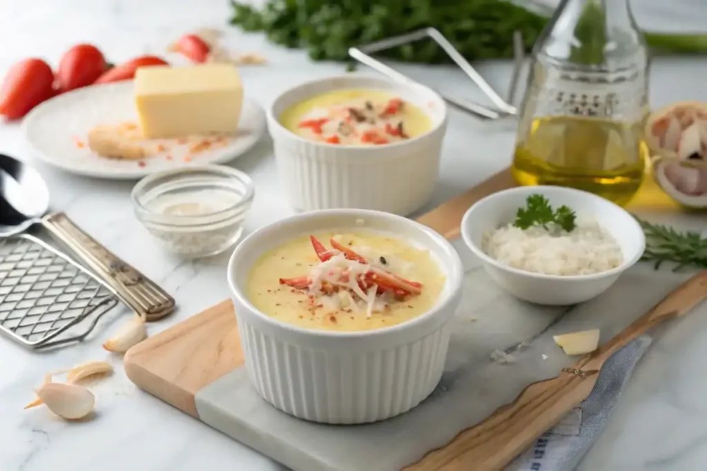 Step-by-step preparation of crab brulee in ramekins with crab meat and Parmesan.