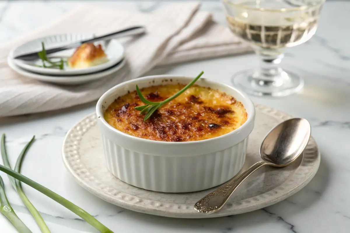 Close-up of a luxurious crab brulee with a caramelized crust garnished with chives.