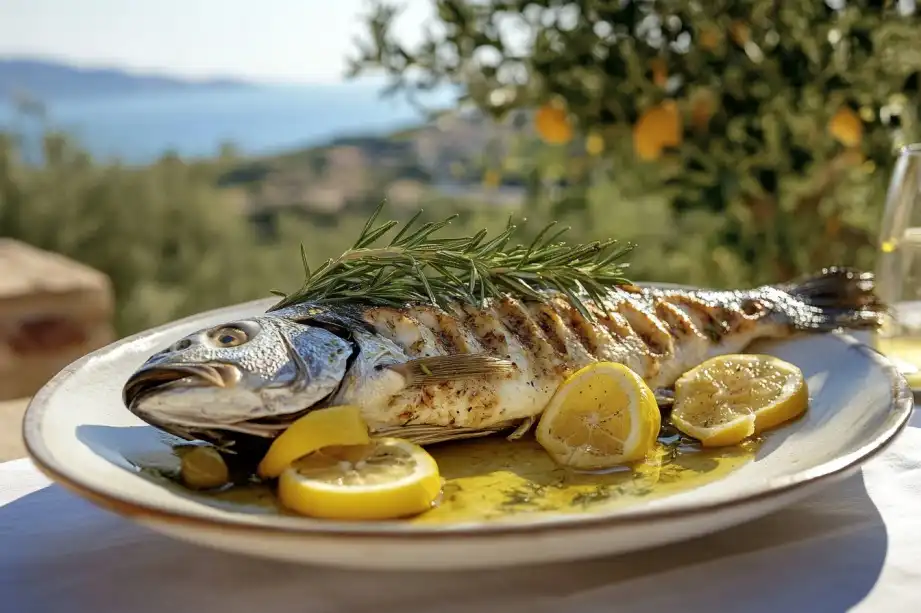 Whole branzino fish with lemon, rosemary, and olive oil in a Mediterranean setting