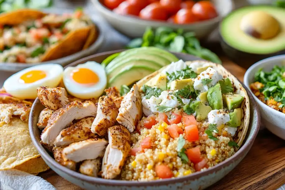 An inviting spread of chicken breakfast recipes with fresh ingredients like eggs, avocado, and spinach.