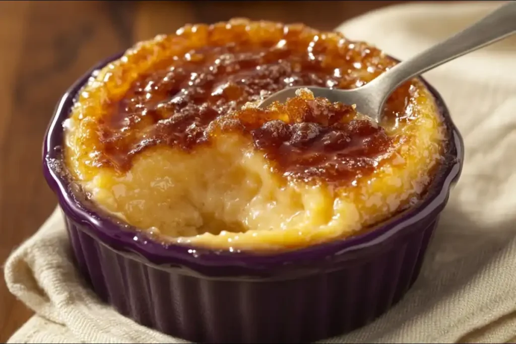 Luxurious crème brûlée with caramelized sugar crust and creamy custard, surrounded by vanilla beans, eggs, and heavy cream.