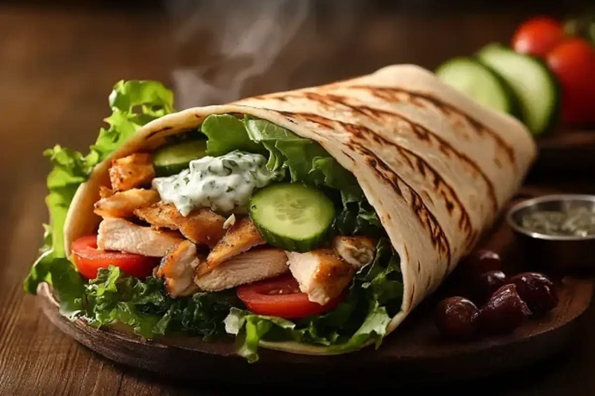 Mediterranean-style dish with a wrap and fresh sides.