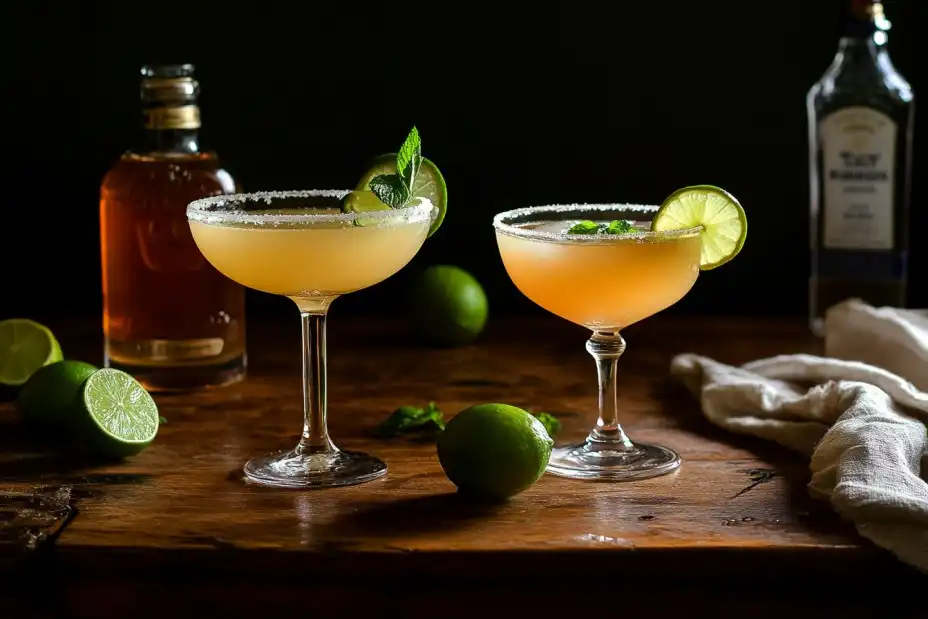 Side-by-side comparison of a regular margarita and Skinny Margarita with garnishes.