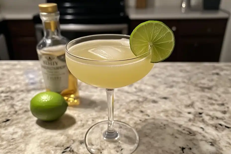 Top-down view of a skinny margarita with lime and tequila