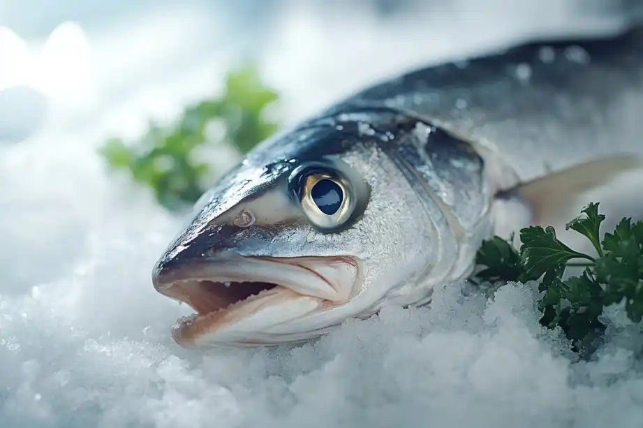 Fresh branzino fish on crushed ice at a seafood market