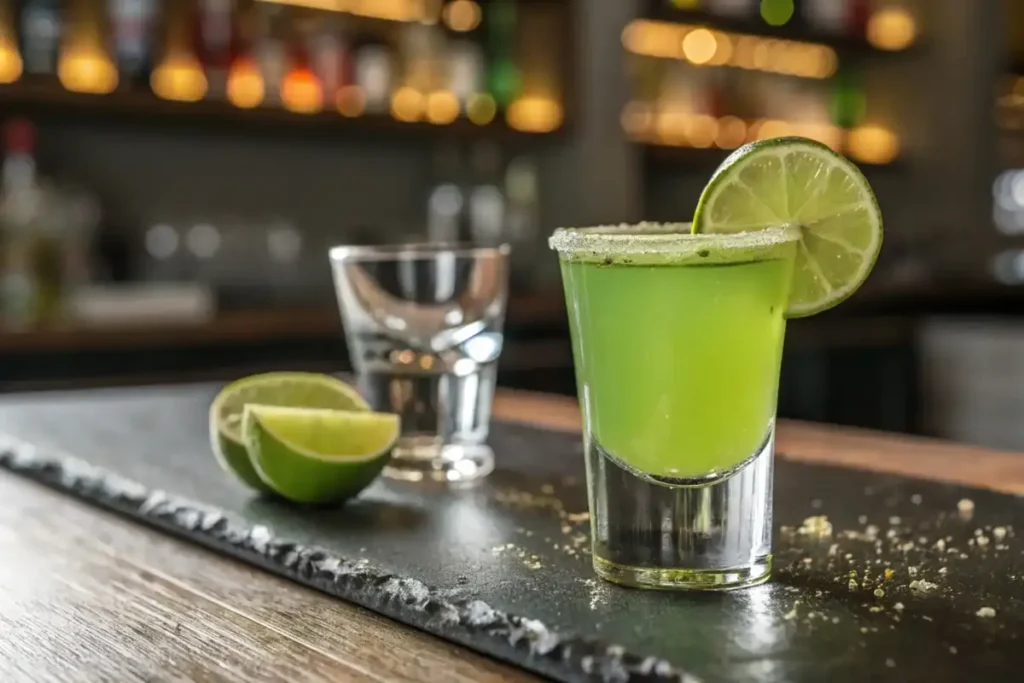 A green tea shot garnished with a lime slice, placed on a slate serving board with lime wedges in the foreground and a blurred bar background.