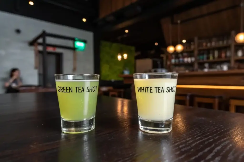 Side-by-side comparison of a Green Tea Shot and a White Tea Shot on a wooden surface.