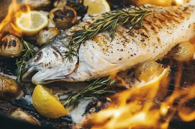 Grilled branzino with charred skin and lemon wedges on an outdoor barbecue.
