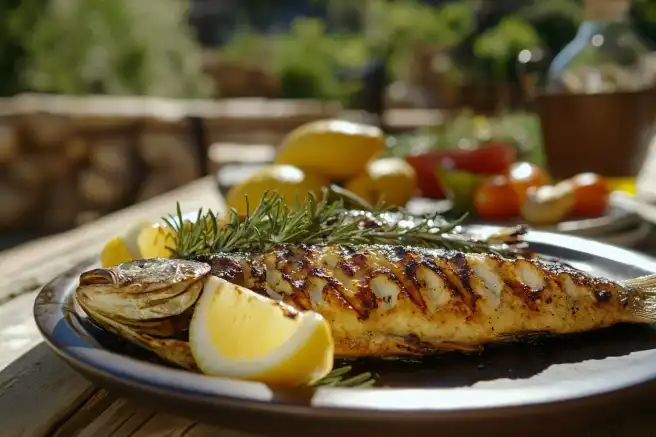 Grilled branzino fish with lemon, rosemary, and olive oil on a rustic table