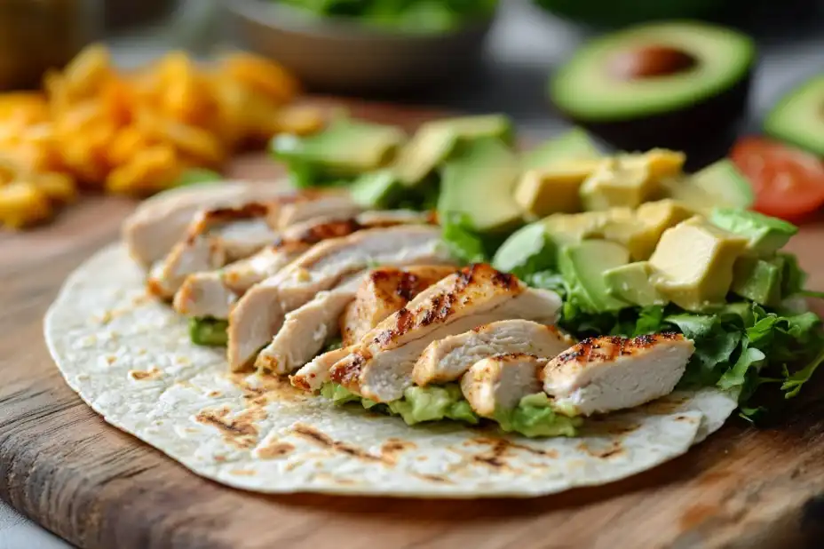 Step-by-step preparation of a keto chicken and avocado breakfast wrap on a wooden board.