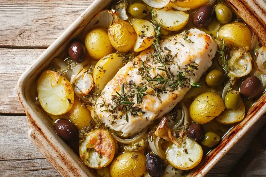 Mediterranean saltfish with potatoes, onions, and olives in a baking dish.