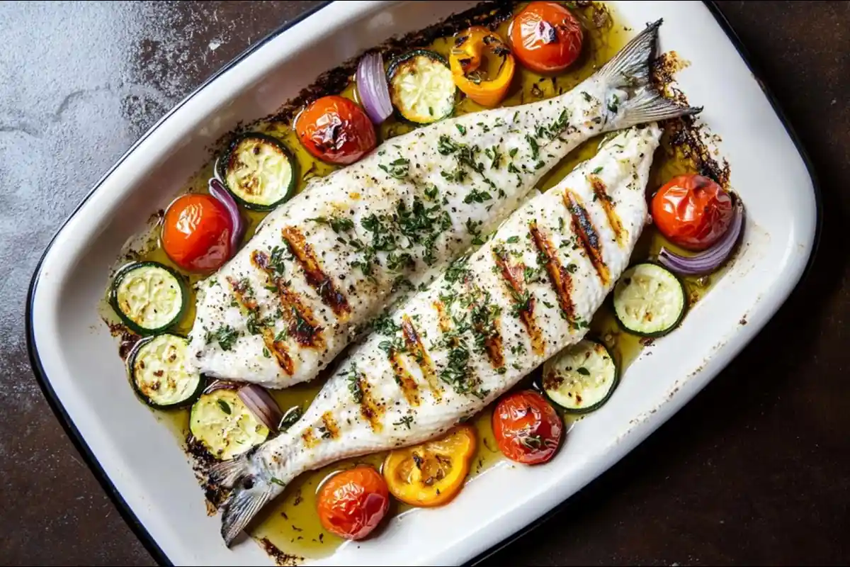 Baked branzino surrounded by roasted Mediterranean vegetables on a baking tray.