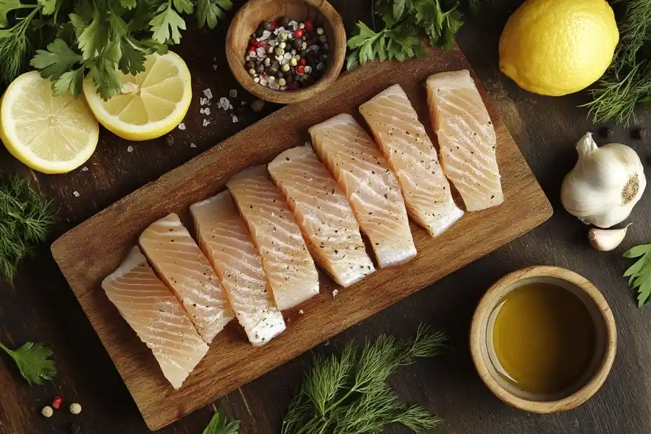 Smoked herring with fresh herbs, lemon slices, and olive oil on a rustic wooden board.