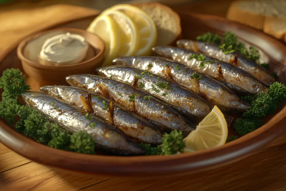 Golden-brown smoked herring fillets garnished with fresh parsley and lemon slices on a rustic wooden table.