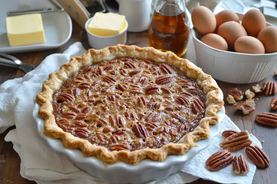 Golden-brown Karo pecan pie with a gooey filling and toasted pecan topping on a wooden table.