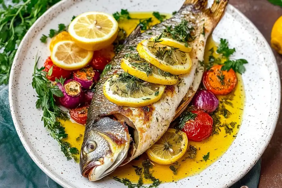 A whole roasted branzino with crispy skin, garnished with lemons and herbs on a white plate.