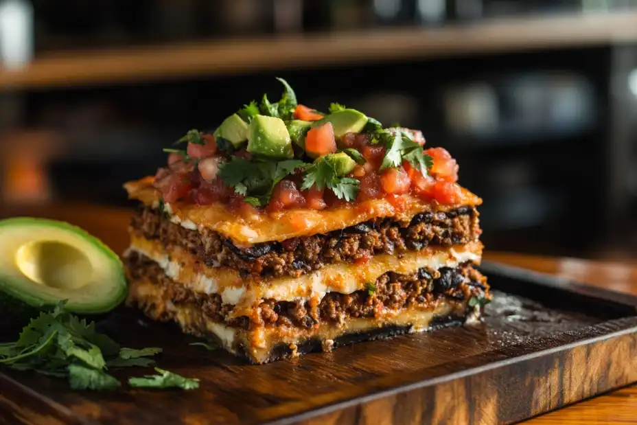 Mexican lasagna on a rustic table with garnishes.