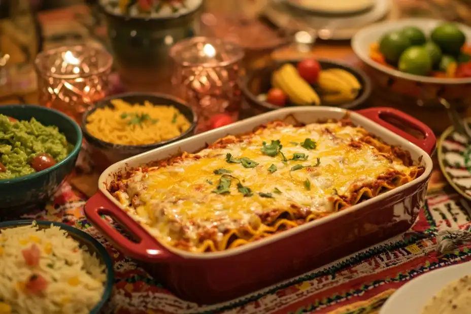 Taco lasagna surrounded by Mexican-inspired sides.