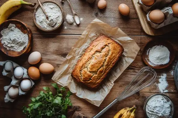 Golden loaf of banana bread surrounded by baking ingredients.