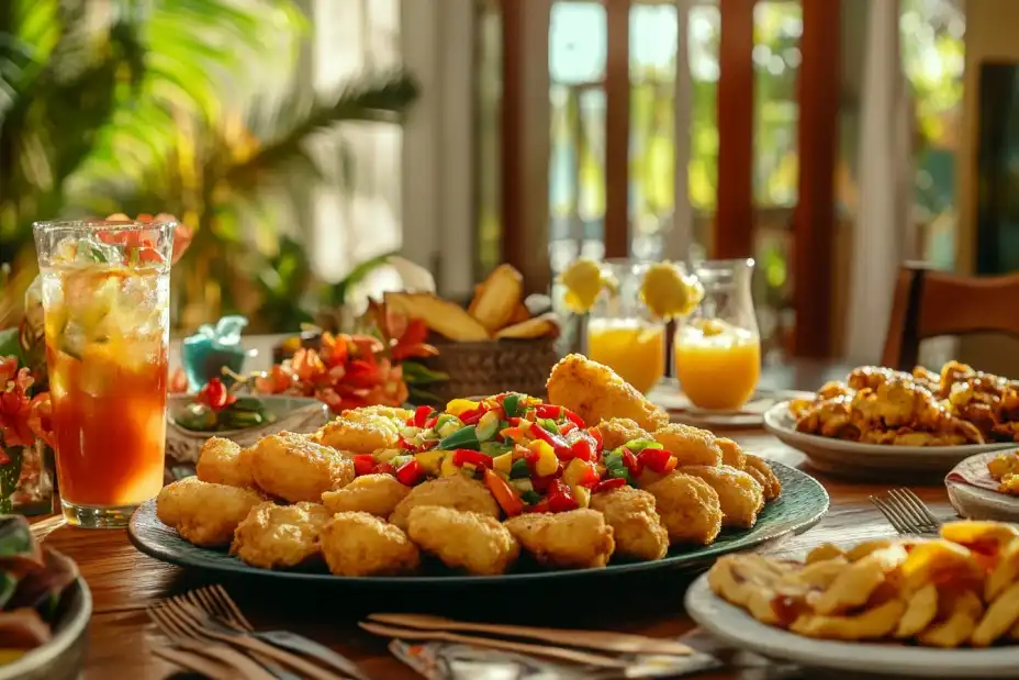 A classic Caribbean breakfast of bake and saltfish with vibrant side dishes.